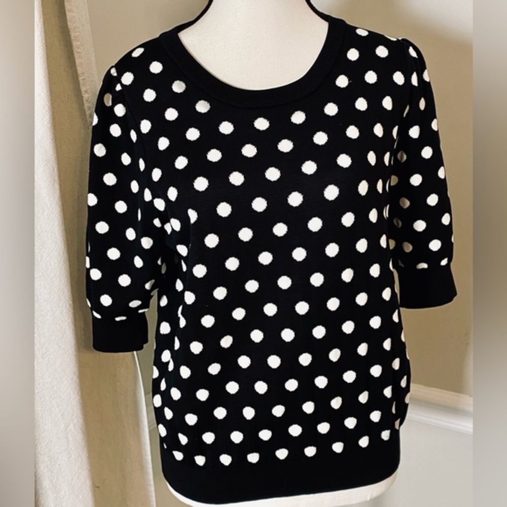 Philosophy Polka Dot Sweater M Black White Retro Mod Parisian Puff Sleeve Knit